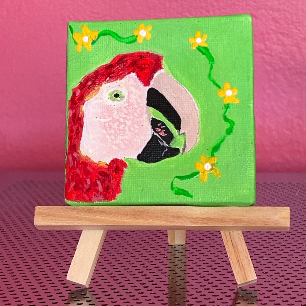 Colorful Scarlet Macaw Parrot Original Painting W/Easel